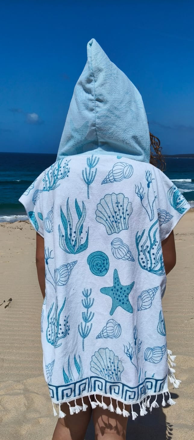 Kids Hooded Blue Seashell Towel